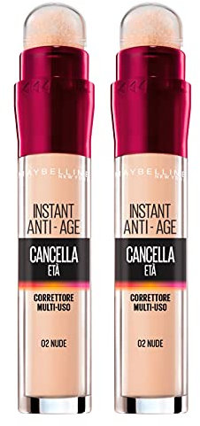 Maybelline New York Correttore Multi-Uso, Idratante e con Coprenza Modulabile, Imperfezioni e Occhiaie Coperte, Con Bacche di Goji e Haloxyl, Cancella Età, Tonalità: 02 Nude, Bipacco