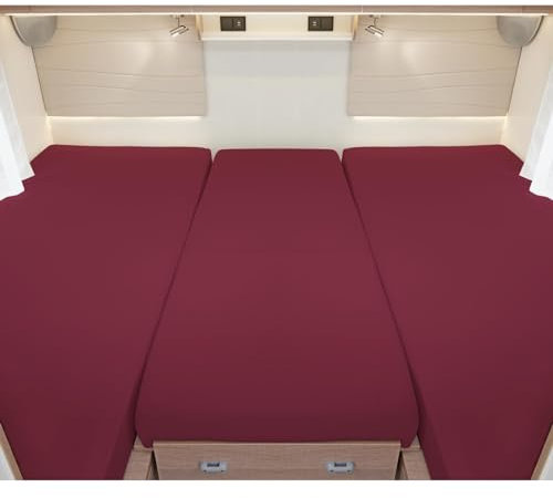 G BETTWARENSHOP – Spannbettlaken für Wohnmobile & Wohnwagen – Spannbetttuch Set 3-teilig für 2 Längsbetten + Mittelteil – Jersey Bettlaken für Heckbetten 2 Längsbetten + Mittelteil Burgund