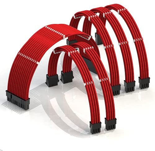 LINKUP - AVA 30cm PSU Cable Extension Sleeved Custom Mod GPU PC Braided w/Comb Kit - Compatible with RTX3090 | 1 x 24 P (20+4) | 2 x 8 P (4+4) CPU | 3 x 8 P (6+2) GPU set | 300mm - Red