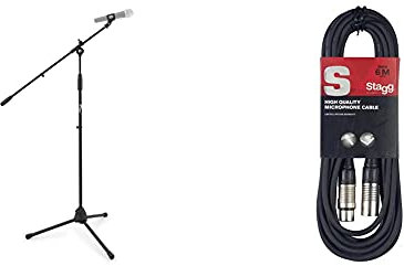 Tiger MCA68-BK Microphone Boom Stand, Mic Stand with Free Mic Clip - Black & Stagg SMC6 6 metre standard microphone cable