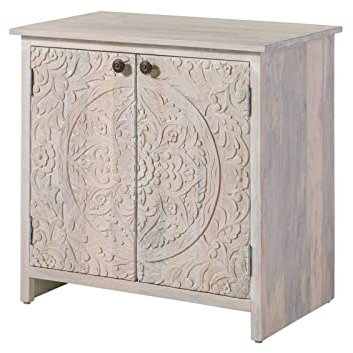 Kashmir Kommode Massivholz, Sideboard Mango massiv 80cm mit 2 Türen und 2 Fächern, orientalisch Romantisches Design, Holzkommode für Wohnzimmer und Schlafzimmer