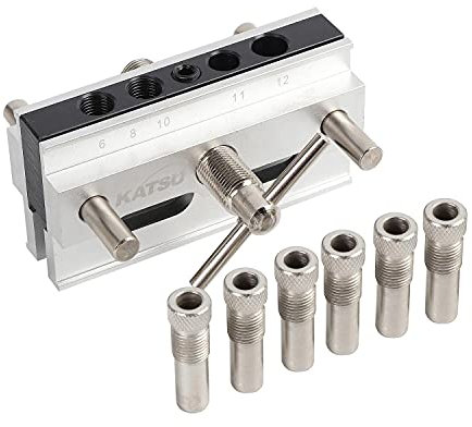 KATSU Self Centering Dowelling Jig Kit, Metric Sizes, Hole Drilling Guide Woodworking Positioner Locator Tool for Thick Timbers 105408