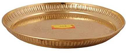 Shiv Shakti Arts® Pure Brass Dinner Plate | Thali Set for Pooja & Serving Purpose - Designer (Engraved Flower Design, 8 Inch) - 1 Piece
