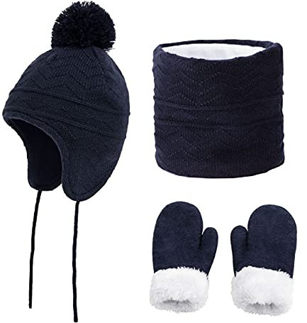 Enfant Packs Bonnet Écharpe et Gants Hiver en Polaire 3 en 1 Bonnet Pompon Chaud Cache-cou Extensible Gant en Laine Tricotée pour Bébé Garçon Fille Tour de cou Doux Épaiss Pour Golf Ski Velo 3-6 Ans