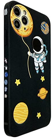 Yonds Queen für iPhone 12 Pro Niedliches Hülle, Cool Cartoon Astronaut Space Planet Mond Design Stilvoll Stoßstange TPU rutschfeste Stoßfeste Schutzhülle (iPhone 12 Pro, Schwarz Mond)