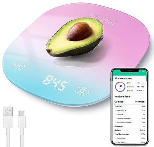 arboleaf Digital Kitchen Scales, Kitchen Scales Rechargeable Weighing Scale with Bluetooth App, LED Display, Tare Function, 10kg/22lb, 0.5g/0.1oz increments, Pink