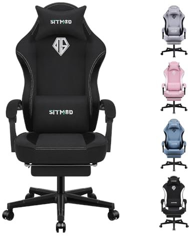 SITMOD Gaming Chair with Footrest-Computer Ergonomic Video Game Chair-Backrest and Seat Height Adjustable Swivel Task Chair for Adults with Lumbar Support(Black)-Fabric