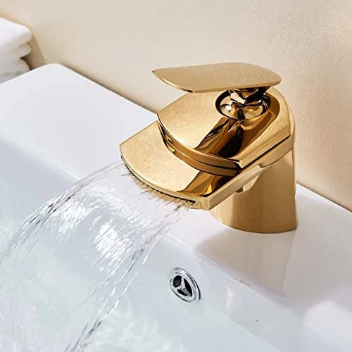 PINCHU Wasserhahn Bad, Einloch-Wasserfall-Waschtischarmatur Aus Messing, Warm- Und Kaltmischbatterie, Unter Waschtischarmatur, Einzelgriff, Badezimmer-Niederdruckarmatur,Gold