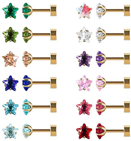 12 Paare flache Rückseite chirurgischen Edelstahl Ohrstecker, Schraube zurück Herz Stern Quadrat Teardrop vergoldet CZ Birthstone Ohrstecker Set Gold Stern 4mm