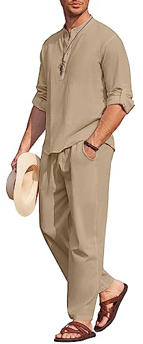COOFANDY 2-teiliges Herren-Set aus Baumwoll-Leinen, lässig, langärmelig, Henley-Shirt, Strandhose mit Taschen, Sommer-Yoga-Outfits