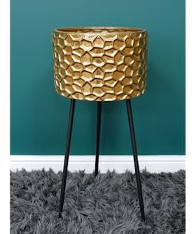 MAISONICA 72cm Gold Ribbed Metal Tripod Planter Plant Flower Pot Freestanding - Contemporary Design
