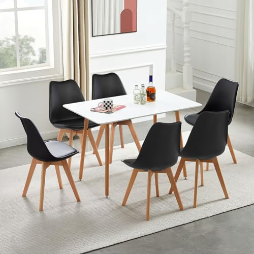 H.J WeDoo Esstisch mit 6 Stühlen, rechteckiger Esstisch 110 cm, geeignet für Esszimmer, Küche, Wohnzimmer | weißer Tisch + schwarze Stühle