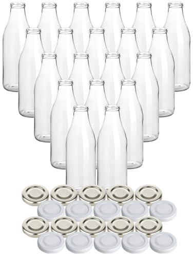 gouveo 20er Set Glasflasche für Saft mit Schraubdeckel in silberfarben und Weiss - Saftflasche 1000 ml - Leere Flaschen für Saft, Limonade, Milch (SF1000SW)