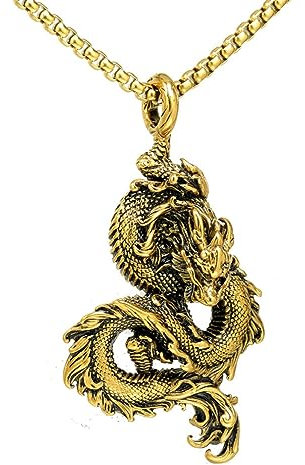 Collier dragon chinois pour hommes, Collier Dragon Hip-Hop, Collier pendentif tête de dragon viking nordique avec chaîne de 23,6 po, Pendentif dragon punk rock en acier inoxydable (Or)