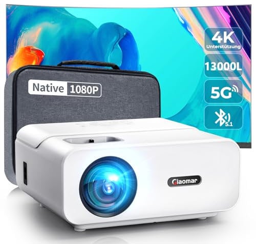 Giaomar LED Heimkino Video Mini Beamer mit Tasche, 1080P Full HD, 13000 Lumen, 10000:1 Kontrastverhältnis, WiFi Bluetooth Unterstützung, 4K Video, HDMI/USB/PS5 kompatibel, Weiß