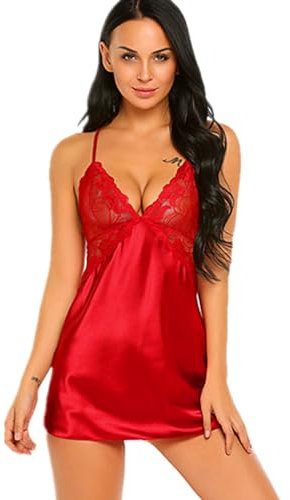 BKEPDY Camicie Notte Donna Seta Sexy Babydoll Sottoveste Vestaglia Pigiama Con Scollo a V Biancheria da Notte per Casa (S)