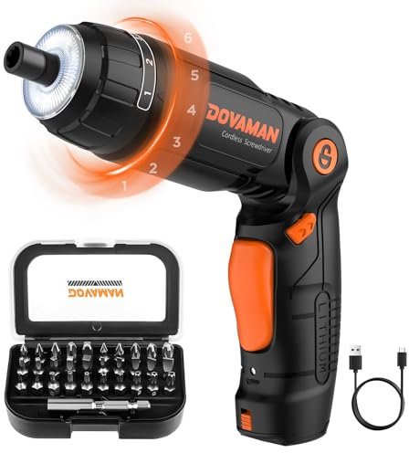 DOVAMAN DES01A Electric Screwdriver, 4V MAX Cordless Screwdriver w/ 31 Bits, 3-Position Handle, 2000mAh Battery, 6 Torque, LED & Flashlight, USB Rechargeable, Power Screwdriver w/Accessories Case