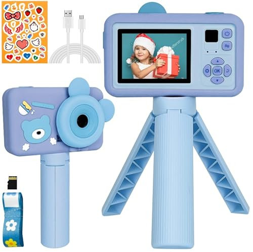 Kinderkamera, 2.0” Bildschirm Digitalkamera Kinder Geschenke für 3-12 Jungen & mädchen,1080P HD Anti-Drop Fotoapparat mit Stativ & 32GB SD-Karte für Geburtstagsgeschenk Weihnachten Spielzeug (Blau)