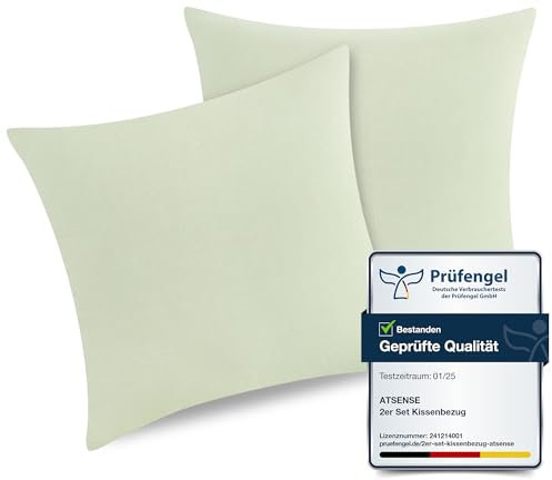 ATsense Federe Cuscino Letto 40x40 cm, Set di 2, 100% Cotone Lavato, Copricuscino Letto Verde Salvia Con Cerniera, Federa Cuscino Morbidissima e Accogliente