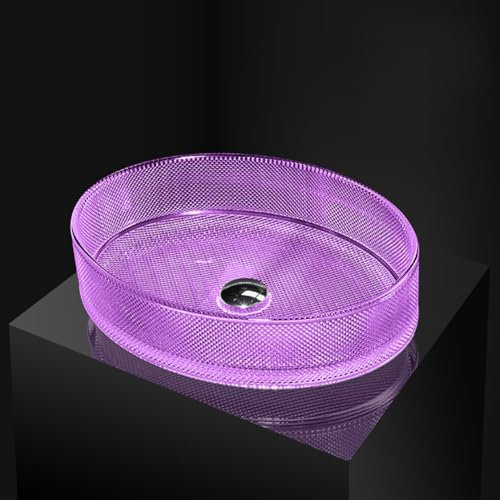 MegLob Évier De Navires De Salle De Bain, Évier En Verre Trempé, Évier À Comptoir En Verre Plissé Givré Ovale Avec Support D'évier, Bassin En Verre Ondulé Polychromatique, Robinet Non Inclus,D