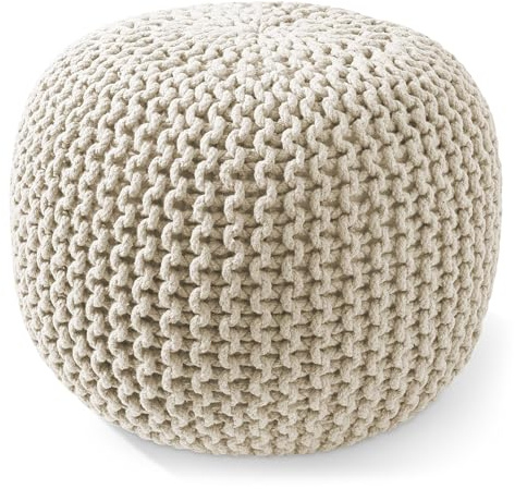 Casafield Round Pouf Ottoman, Natural - 20 Diameter x 14.5 High Cotton Knit Foot Stool - Boho Floor Pouffe for Living Room, Bedroom, Home Office