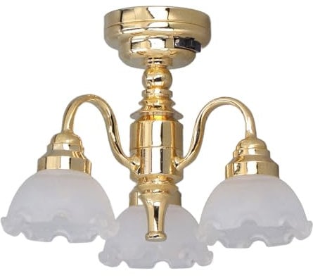 Dollhouse Ceiling Light 3 Heads Battery Powered Metal Glass Dollhouse Miniature Chandelier for 1:12 Scale Decoration