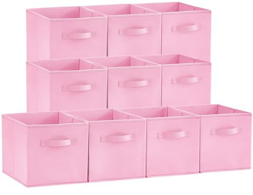 Lifewit Lot de 10 Cube de Rangement Tissu, Boite Rangement Pliables, Caisse Bac de Rangement avec Poignées, Panier et Boîtes de Rangement pour Vetements, Jouets, 26,5 x 26,5 x 28 cm, Rose