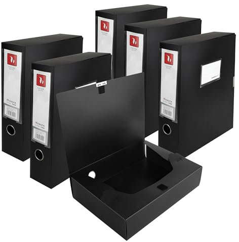 YKUKIZEE 6 Pack A4 Box Files Office Black, 75 mm Spine A4 Document Box Deep Foldable, Plastic Foolscap Filing Box for Paperwork Archive Home School