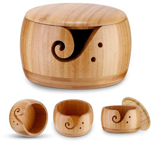 PCXWTLN Bamboo Yarn Bowl - Multi Bamboo Yarn Collect Knitting Bowl Wool Holder Crafted Wool Storage Accessories with Lid and Carved Holes for Knitting Crochet Home Decor