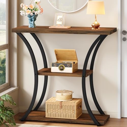 Hoctieon Console Meuble, Console Entree 3 Étagères, Meuble Entree, Table d'Appoint avec Pieds courbés, Petite Table pour Couloir, Entrée, Salon, Foyer, Marron