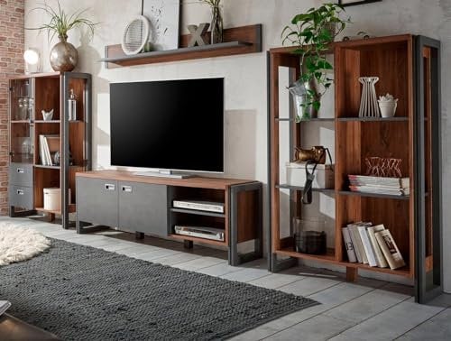 Wohnwand in Eiche Stirling und Matera grau, Schrankwand 4-teilig mit Highboard, Lowboard, Wandboard, Regal, 356 x 170 cm, Industrial Design Auburn (Set 1)
