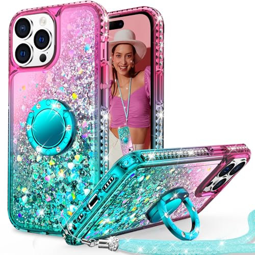 Unlicaku for iPhone 14 Pro Max Case, with Ring Women Girls Bling Holographic Sparkle Glitter Cute Cover, Diamond Ring Protective Phone Case for iPhone 14 Pro Max, Green