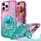 Unlicaku for iPhone 14 Pro Max Case, with Ring Women Girls Bling Holographic Sparkle Glitter Cute Cover, Diamond Ring Protective Phone Case for iPhone 14 Pro Max, Green