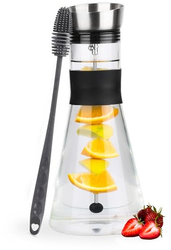 Belle Vous Caraffa in Vetro - con Inserto per Spiedini di Frutta - Brocca per Acqua 1,4L con Coperchio in Acciaio Inox - per Bevande Calde e Fredde con Spazzola per la Pulizia