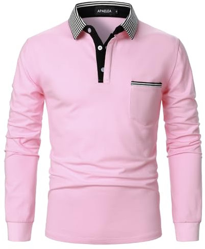 APAELEA Polos Manches Longues Homme à Rayures Chemises en Coton Décontracté T-Shirt de Golf,Rose,XXL