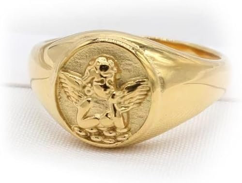 Girl Products Hug From Heaven Gold-Gedenkring mit Engel, 18 Karat vergoldeter Edelstahl, runder Schutzengel, klobige Ringe, Statement-Versprechensring mit Engelmuster, inspirierender Schmuck, Geschenk