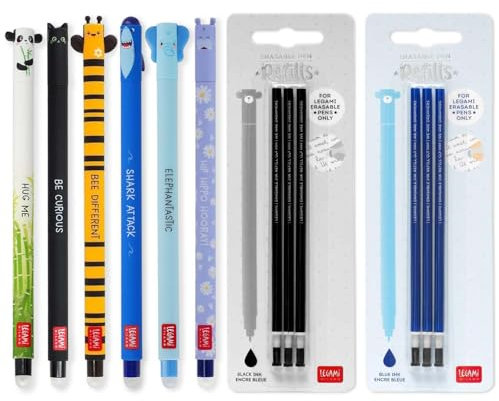 LEGAMI - Lot de 6 stylos gel effaçables + 6 recharges, encre effaçable thermosensible, encre noire et bleue, pointe 0,7 mm, motif panda, chat, abeille, requin, éléphant et hippopotame