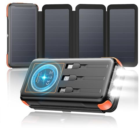 Caricabatterie Solare Wireless Power Bank - SOARAISE 25000mAh 20W Caricatore Portatile Senza Fili con 3 Cavi e 4 Pannelli, USB C PD QC 3.0 Ricarica Rapida Batteria Esterna con Luci LED per Campeggio