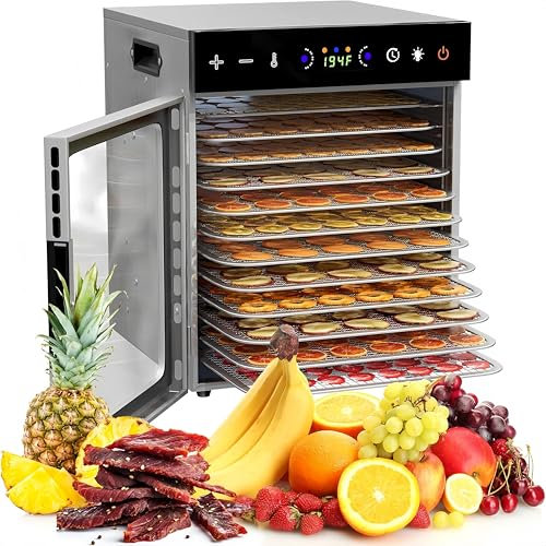 WUDLEP 12 Trays Stainless Steel Rotate Food Dehydrator, Dual fan 360° Efficient Drying, 24H Adjustable Timer & 35-90℃ Temperature Control, Dehydrator Food Dyer for meat fruit, 800W