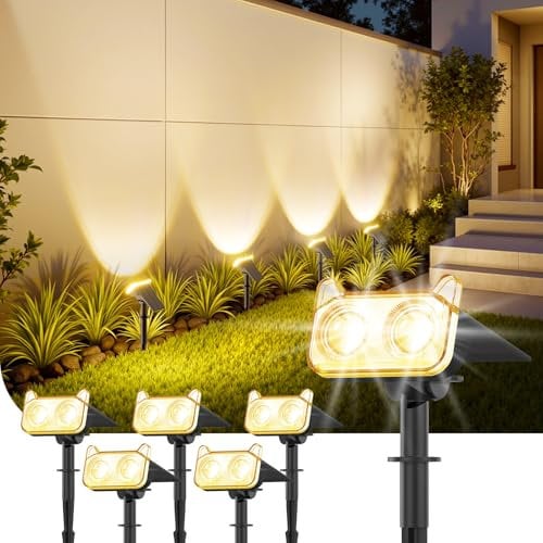 Spot Solaire Exterieur Puissant Lot de 6, 3000K Blanc Lampe Solaire Exterieure Jardin avec 2 Modes d'Éclairage, Etanche IP67 800lm Lumieres Solaires Exterieures LED pour Jardin Chemin Porche Balcon