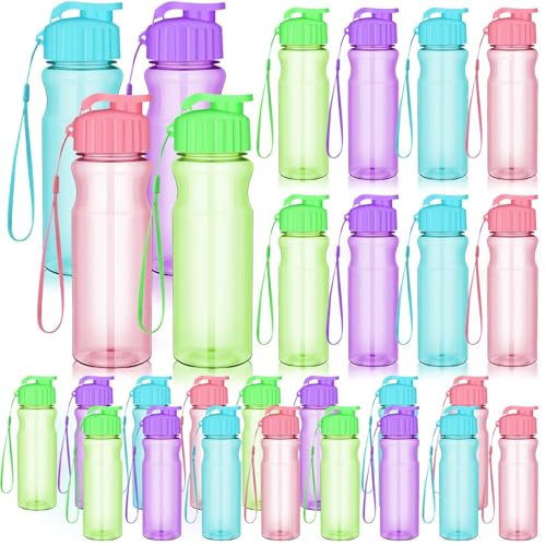 OGMBI 20 Pack Plastic Water Bottles Bulk for Kids, 500ml Reusable Flip Top Sports Water Bottle with Handle Strap for Adults, Lightweight Leak Proof Drink Bottles for Gym School Party Outdoor(4 Color)