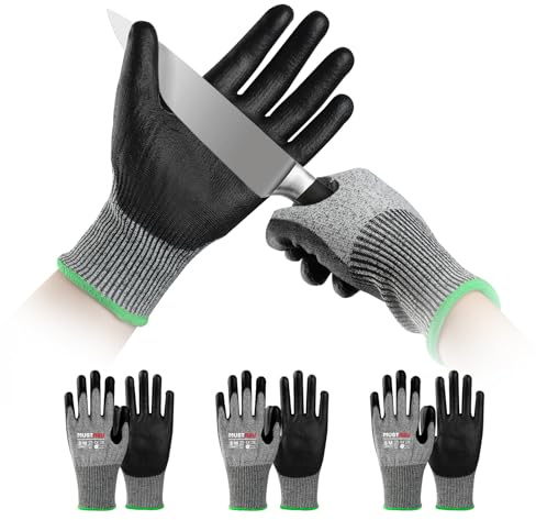 Mustbau 3 Pairs Cut Resistant Gloves Safety Work Gloves for Men PU Coated Palm Cut Proof Gloves with Reinforced Thumb, Non Slip, Breathable, Durable, Touch-screen,M