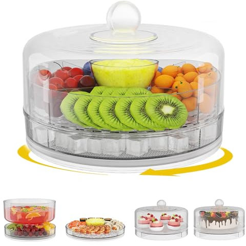 STORICANS Cake Stands with Dome Lid 360 Rotating,6 in 1Multi-Purpose Use,9 inch Chilled Serving Tray Snack Fruit Server,Cake Plate, Salad Punch Bowl, Desert Platter for Kitchen, Party, BBQ, Picnic