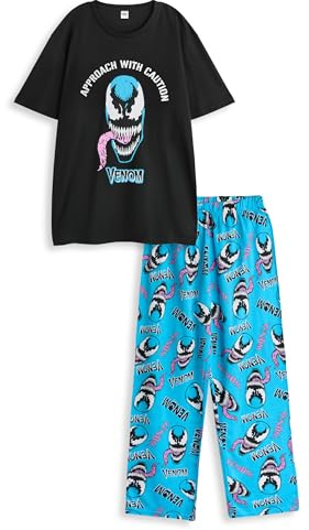 Marvel Venom Herren-Grafik-T-Shirt in Schwarz | Vorsichtig vorgehen Venom Kurzarm-T-Shirt | Klassischer Rundhalsausschnitt, entspannte Passform | Schwarz-Blaue Comic-Charakter-Nachtwäsche