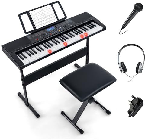 GYMAX 61 Key Digital Piano and Stool, Portable Electronic Keyboard with Adjustable Stand, Light-up Keys, Music Stand, Microphone & Headphone, Beginners Keyboard Piano Set for Kids Adults