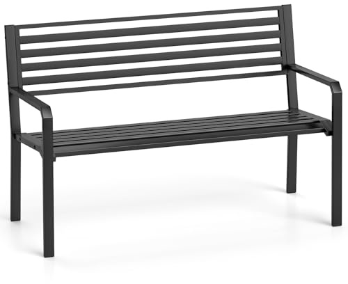 RELAX4LIFE Panchina da Esterno a 2-3 Posti, Panca da Giardino a Doghe in Metallo con Schienale e Braccioli Ergonomici, Panca per Cortile/Parco, Max 300 kg, 127x56x82cm (Modello 21)