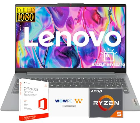 Lenovo Ideapad Ordinateur portable avec Microsoft Office 365, AMD Ryzen 5 5625U (surpasse i7-1260U), écran FHD 15,6, RAM 16 Go, SSD 1 To, clavier rétroéclairé, HDMI, lecteur de carte SD, Windows 11