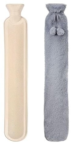 VIROSA 72 x 12 cm Extra Long 2L Hot Water Bottle, Light Grey, Fluffy Plush Cover with Pom Pom Tie – Leakproof Rubber Heat Bag for Neck, Back, Shoulder, Waist, Pain Relief & Winter Warmth