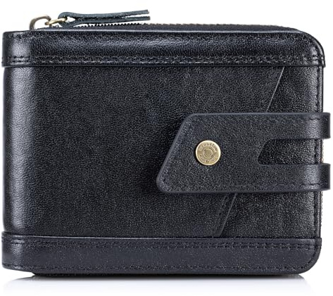 SCHLATUM Zipper Wallet for Men Large Capacity RFID Blocking Genuine Leather Vintage Wallet with Coin Pocket ID Window, Black, 4.7 x 3.5 x 1.2 inches, Classic
