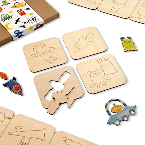 NAKLEO Holzschablonen zum Zeichnen für Kinder, Set mit 20 Stück 9,5x9,5cm Kosmos Universum, Montessori Lernspielzeug Vorlagen Kreative Bastelvorlagen Pädagogisches DIY Handwerk Malset, Papier Wand